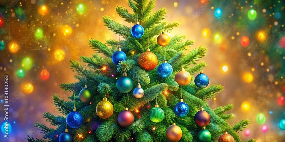 Christmas Tree Painting with Blue Ornament - Festive Holiday Decor Christmas Tree Painting with Blue Ornament - Festive Holiday Decor