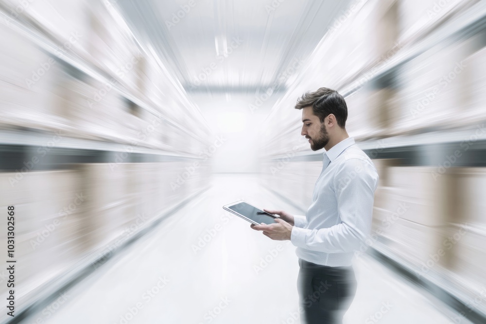 Fototapeta premium Manager working with tablet in sleek warehouse, store , supply chain