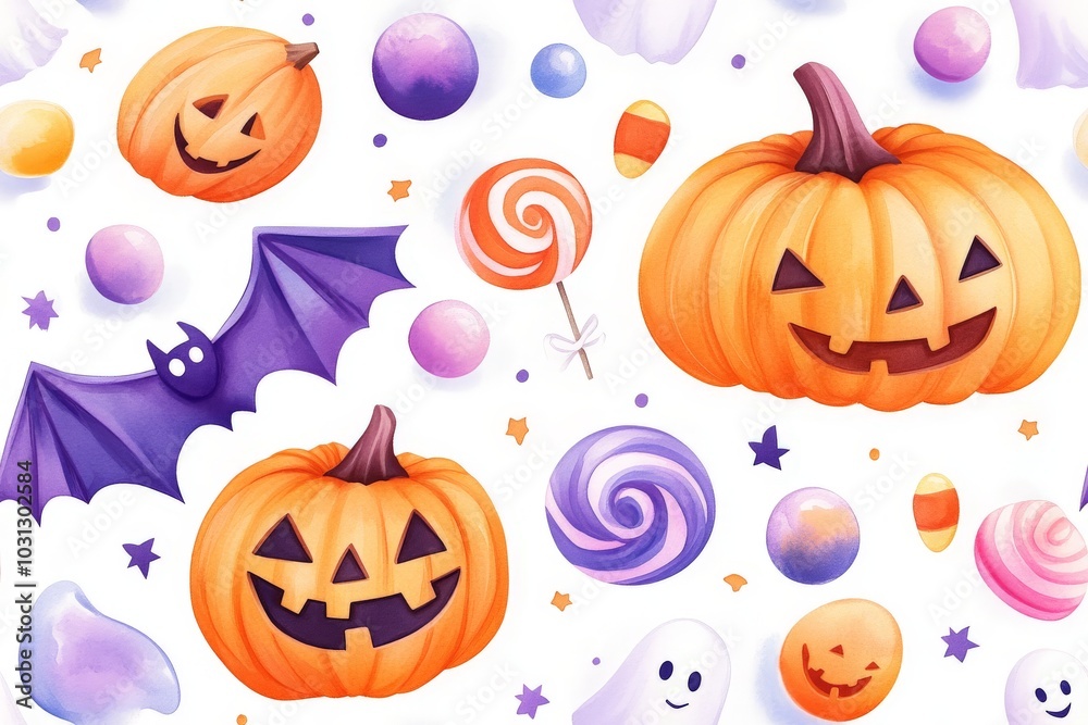 Fototapeta premium Colorful Halloween-themed illustration with pumpkins and lollipops featuring cheerful jackolantern