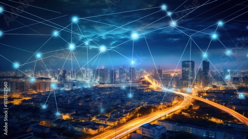 Wallpaper Mural A futuristic cityscape with glowing grid lines representing connectivity, showcasing modern infrastructure and the flow of information. Torontodigital.ca