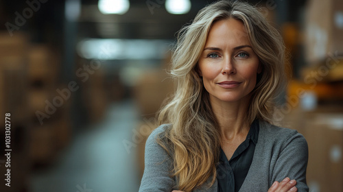 Confident woman in a warehouse with arms crossed.