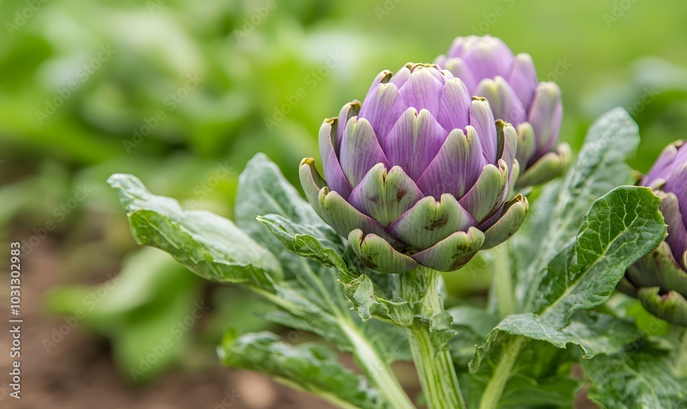 purple organic artichokes on the plant, Generative AI purple organic artichokes on the plant, Generative AI