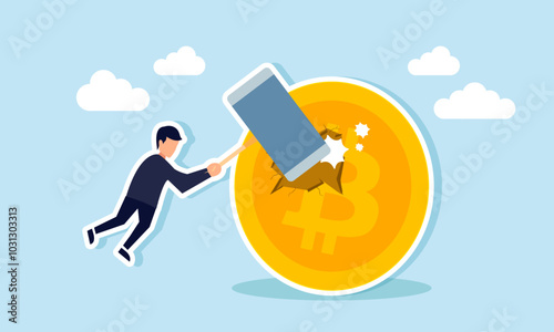 A businessman hit a bitcoin with a giant hammer, illustration of business policies damaging the valuation of bitcoin