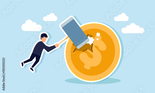 A businessman hit a dollar coin with a giant hammer, illustration of business policies damaging the valuation of the dollar