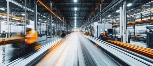 Very realistic and photographic photo of a sleek, modern warehouse with motion-blurred workers and automation machinery operating seamlessly The long exposure creates a sense of speed and precision,