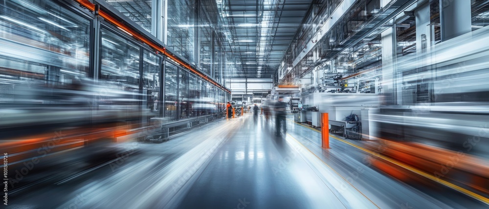 Very realistic and photographic photo of a sleek warehouse interior with automation machinery and motion-blurred workers in a fast-paced environment The long exposure emphasizes the energy and Very realistic and photographic photo of a sleek warehouse interior with automation machinery and motion-blurred workers in a fast-paced environment The long exposure emphasizes the energy and