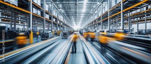 Very realistic and photographic photo of a sleek warehouse filled with automation machinery and blurred workers moving in unison The long exposure captures the energy and flow of the space Styled