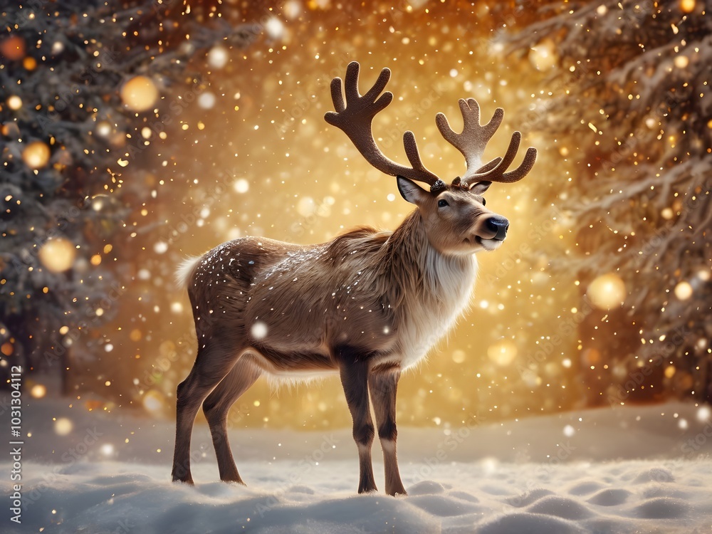 Reindeer in Snowy Forest with Golden Lights Reindeer in Snowy Forest with Golden Lights