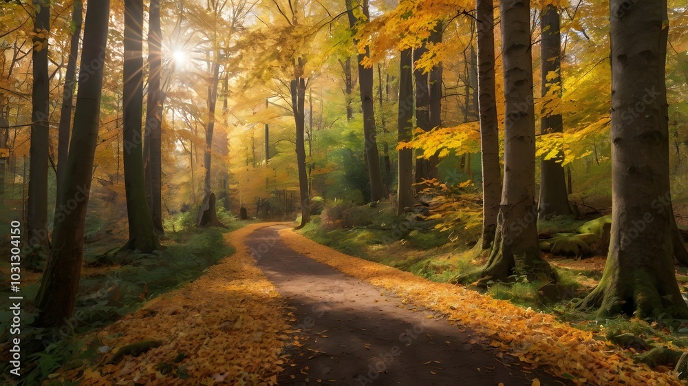 Fototapeta premium Sunbeams Through Autumn Forest Path