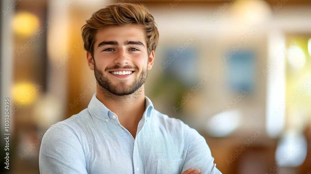 Fototapeta premium A smiling young man in a casual setting with a warm atmosphere.