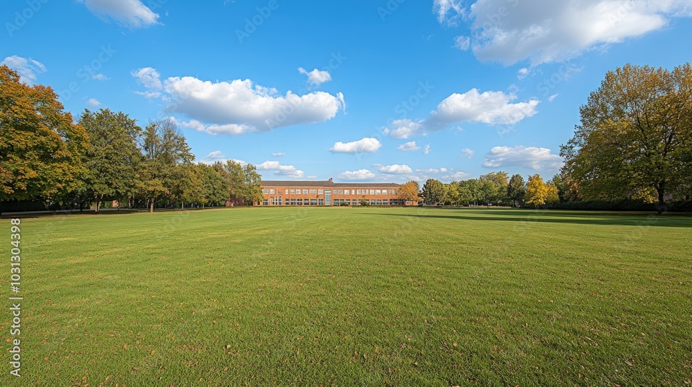 A large, grassy field with a brick building in the distance. The sky is blue with white clouds. A large, grassy field with a brick building in the distance. The sky is blue with white clouds.