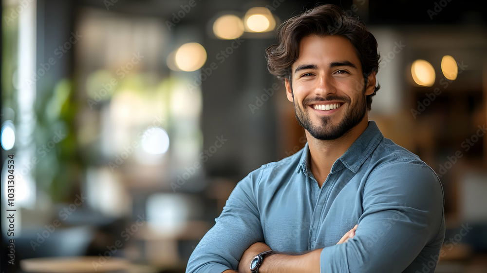 Fototapeta premium Smiling man with crossed arms in a modern indoor setting.