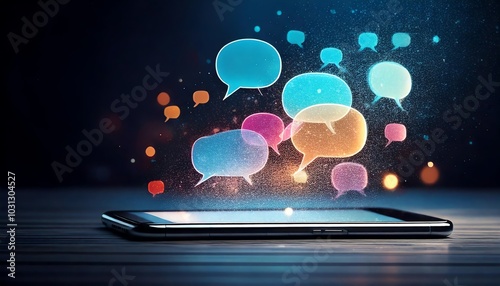 A smartphone displaying colorful chat bubbles, symbolizing digital communication and interaction in a modern, tech-focused environment.
