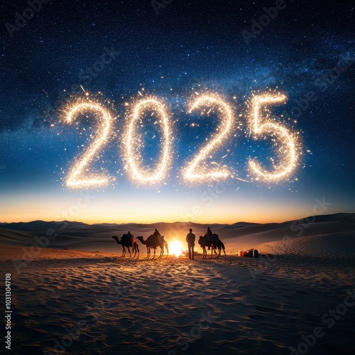 Glowing Stars and Camels in Desert Night Sky