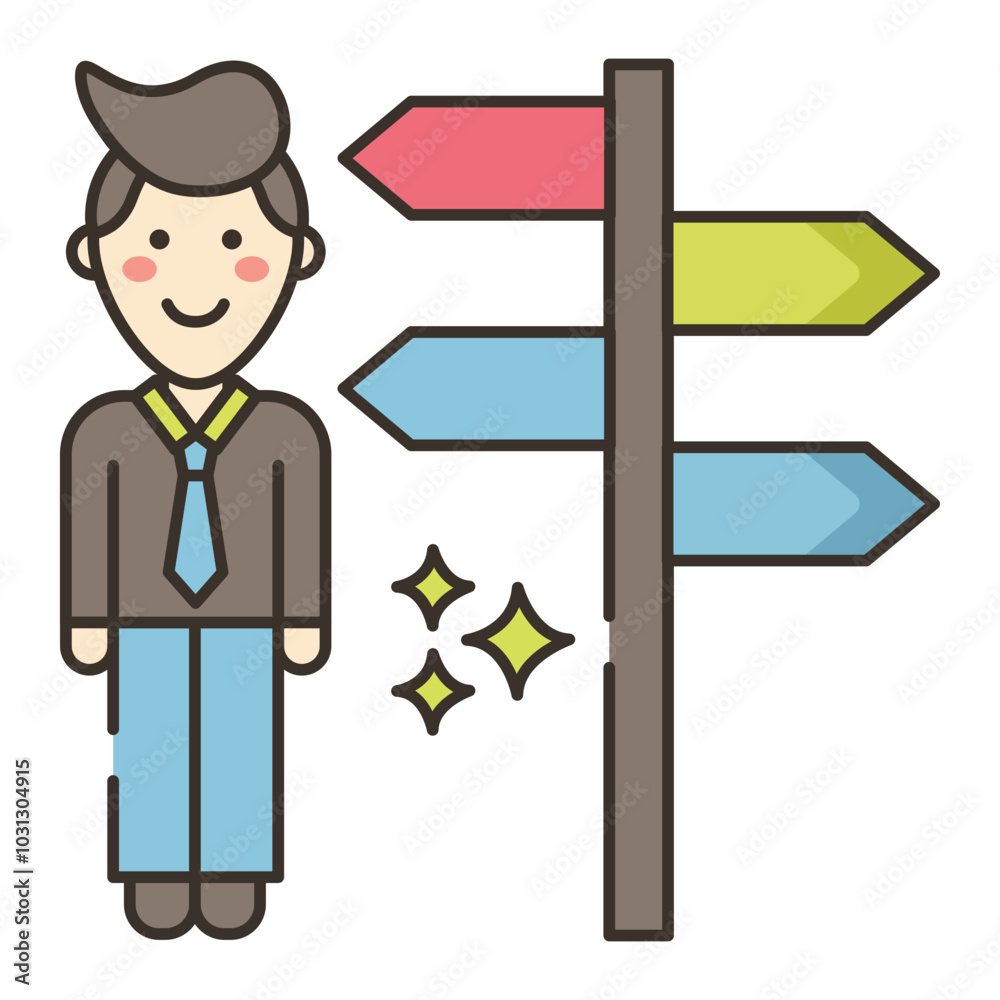 A cartoon man standing in front of a signpost with four arrows pointing in different directions. A cartoon man standing in front of a signpost with four arrows pointing in different directions.