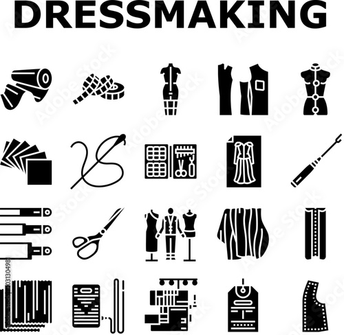 dressmaking fashion sewing style icons set vector. couture tailor, hemline seamstress, silhouette textile, embroidery, draping, pleats dressmaking fashion sewing style glyph pictogram Illustrations