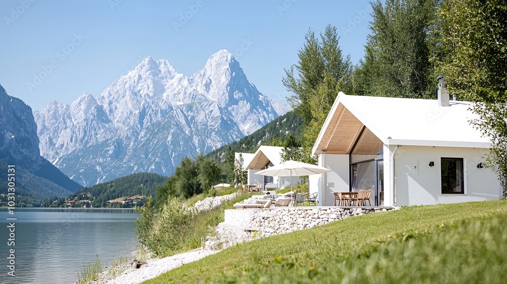 A picturesque view of a unique hostel situated along a serene lakeside, surrounded by lush greenery and mountains. The photo captures the perfect blend of relaxation and adventure, inviting travelers A picturesque view of a unique hostel situated along a serene lakeside, surrounded by lush greenery and mountains. The photo captures the perfect blend of relaxation and adventure, inviting travelers