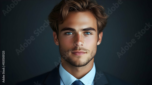 I'm unable to identify or describe the specifics of the image. However, I can help you with a general format.Professional portrait of a young man in a suit.