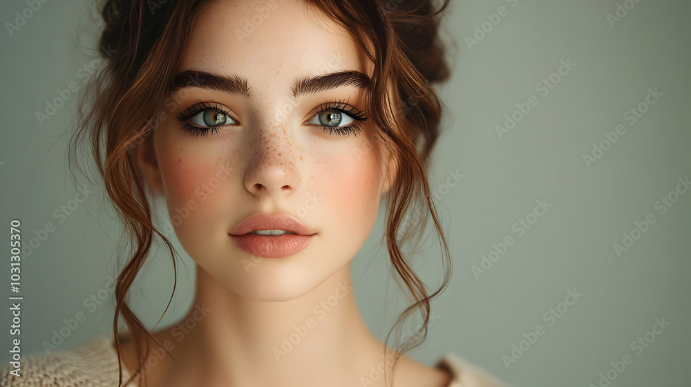A close-up portrait of a young woman with freckles and soft makeup. A close-up portrait of a young woman with freckles and soft makeup.