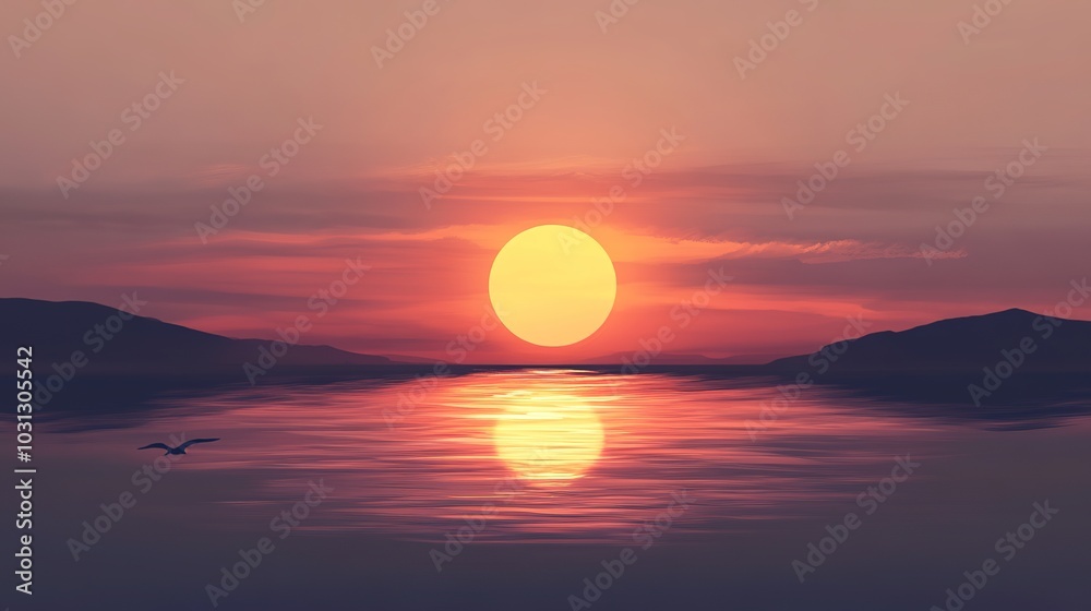 Minimalist Sunrise Over Water Scene with Soft, Subtle Colors. A Simple and Elegant Depiction of the Sun Rising Above a Calm, Reflective Body of Water, Creating a Peaceful and Serene Atmosphere.