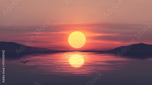 Minimalist Sunrise Over Water Scene with Soft, Subtle Colors. A Simple and Elegant Depiction of the Sun Rising Above a Calm, Reflective Body of Water, Creating a Peaceful and Serene Atmosphere.