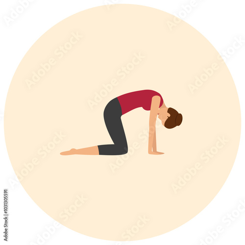 Woman in a red top and black leggings doing the cat cow yoga pose with her head down and a neutral face.