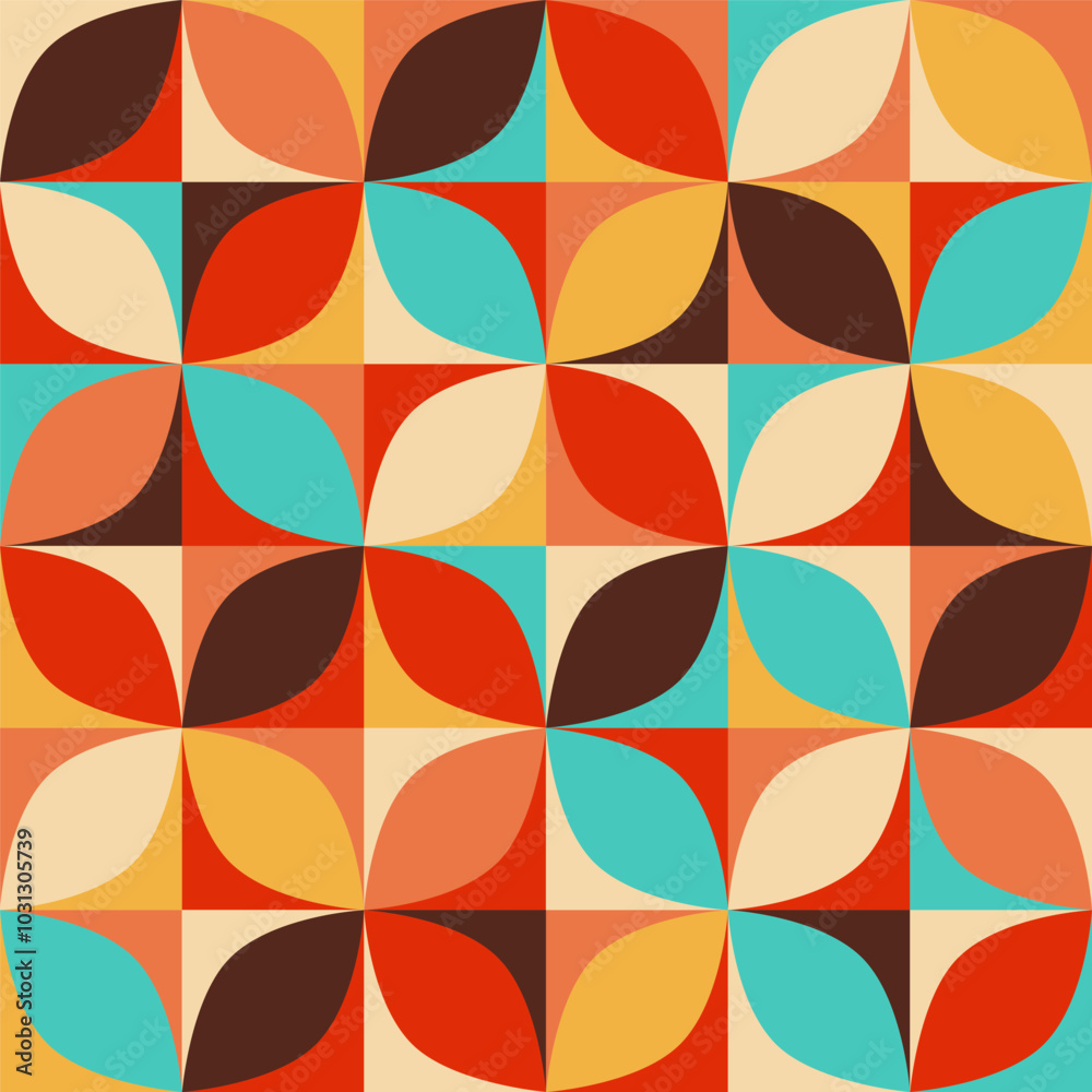 Obraz premium Bold colors retro circles mosaic midcentury style Vector Pattern. Op-art circle segments checkerboard in pop-art colors: blue, teal, red, yellow, brown, cream.