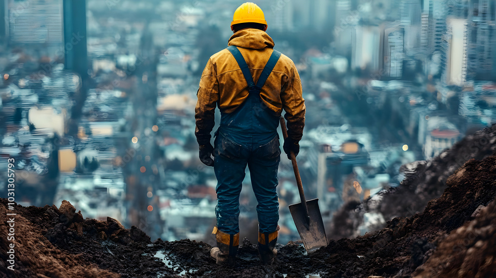 Worker overlooking a city from a construction site. Worker overlooking a city from a construction site.