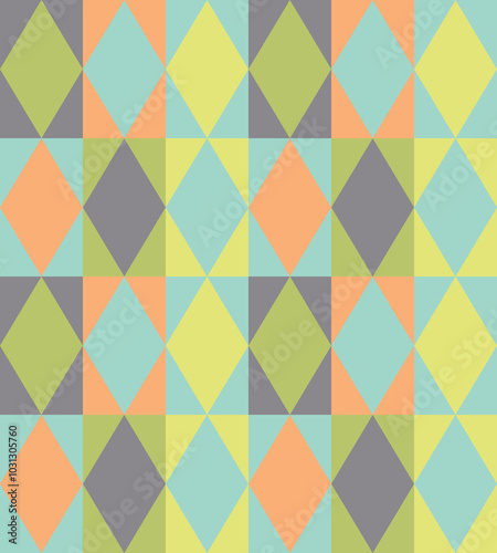 Retro 50s pastel diamonds mosaic Raster Pattern. Midcentury style harlequin checker in light green, teal, orange, grey, seamless pattern.