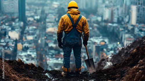 Worker overlooking a city f...