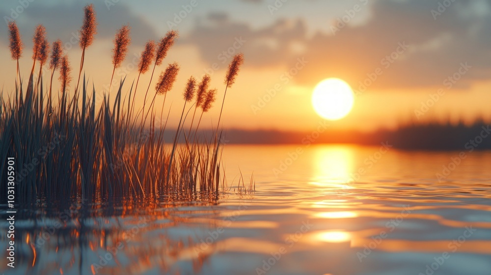 Tall reeds in a lake at sunset with a golden sky.