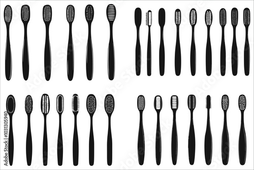 Toothbrush silhouettes vector collection. Stylized toothbrush silhouettes. Dental toothbrush silhouettes set. Vector toothbrush designs silhouettes. Toothbrush silhouettes vector illustrations