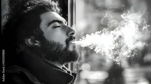 A man exhaling smoke while ...
