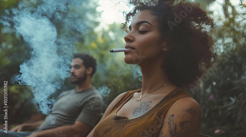 A woman and man relax outdo...