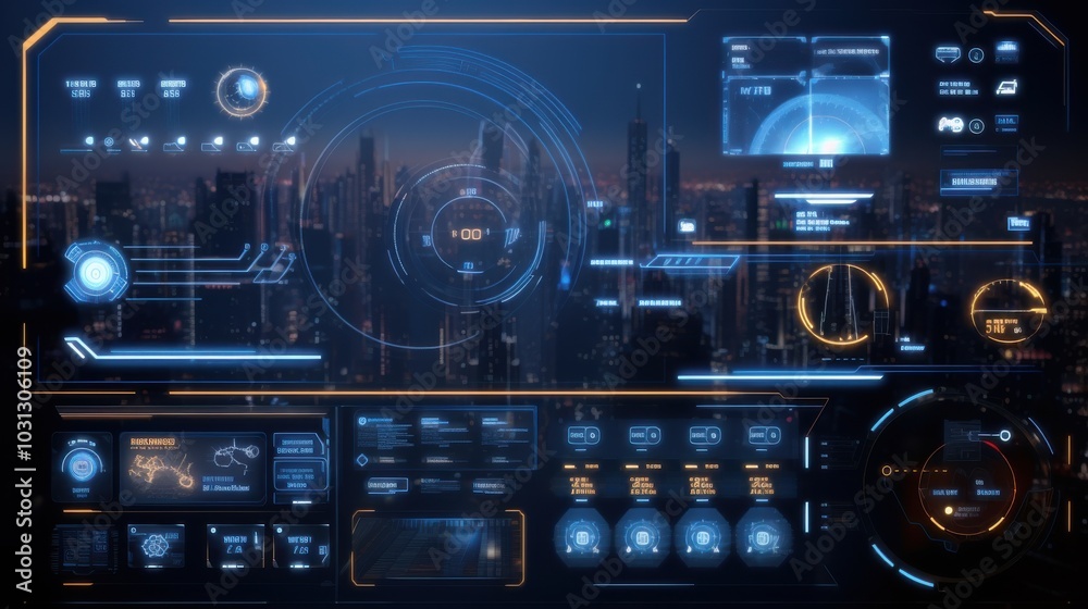 Obraz premium A futuristic HUD interface with a city skyline in the background, featuring intricate digital elements and glowing displays.