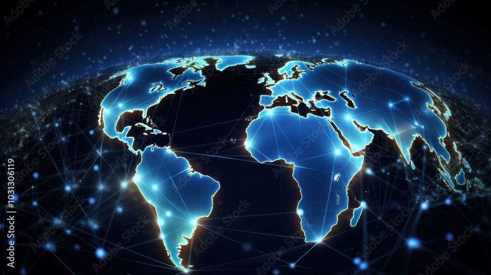 Fototapeta premium A digitally rendered image of the globe showing illuminated network connections, symbolizing global connectivity.