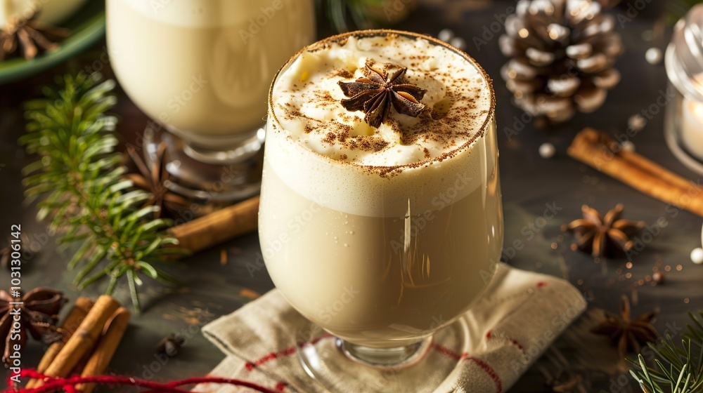 Spiced Eggnog with Whipped Cream and Star Anise - Festive Holiday Drink Spiced Eggnog with Whipped Cream and Star Anise - Festive Holiday Drink