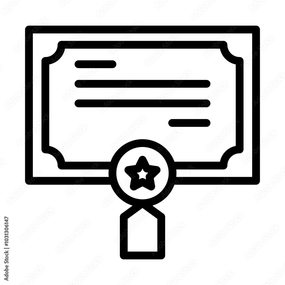 Black and white line art illustration of a certificate or diploma with a star symbol. Black and white line art illustration of a certificate or diploma with a star symbol.