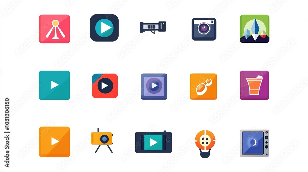 Collection of 16 Colorful Video and Entertainment Icons Arranged in a Grid Format on a White Background. Modern, Vibrant Symbols Representing Media Elements, Perfect for Digital Interfaces Collection of 16 Colorful Video and Entertainment Icons Arranged in a Grid Format on a White Background. Modern, Vibrant Symbols Representing Media Elements, Perfect for Digital Interfaces