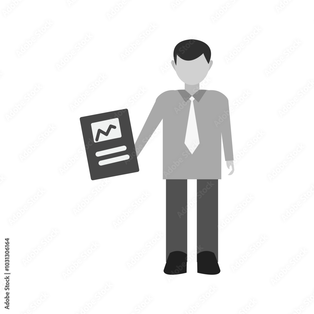 A grey scale illustration of a businessman holding a document. A grey scale illustration of a businessman holding a document.