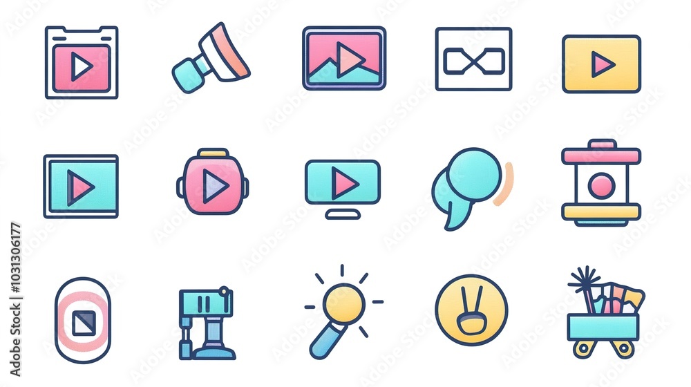 Collection of 16 Colorful Video and Entertainment Icons Arranged in a Grid Format on a White Background. Modern, Vibrant Symbols Representing Media Elements, Perfect for Digital Interfaces Collection of 16 Colorful Video and Entertainment Icons Arranged in a Grid Format on a White Background. Modern, Vibrant Symbols Representing Media Elements, Perfect for Digital Interfaces