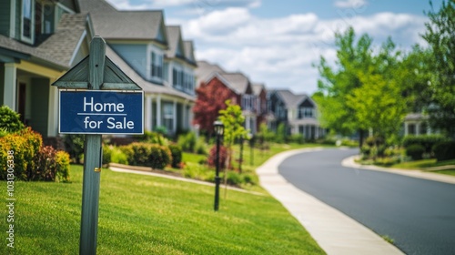 Charming suburban neighborhood featuring homes for sale with a welcoming sign on a sunny day photo