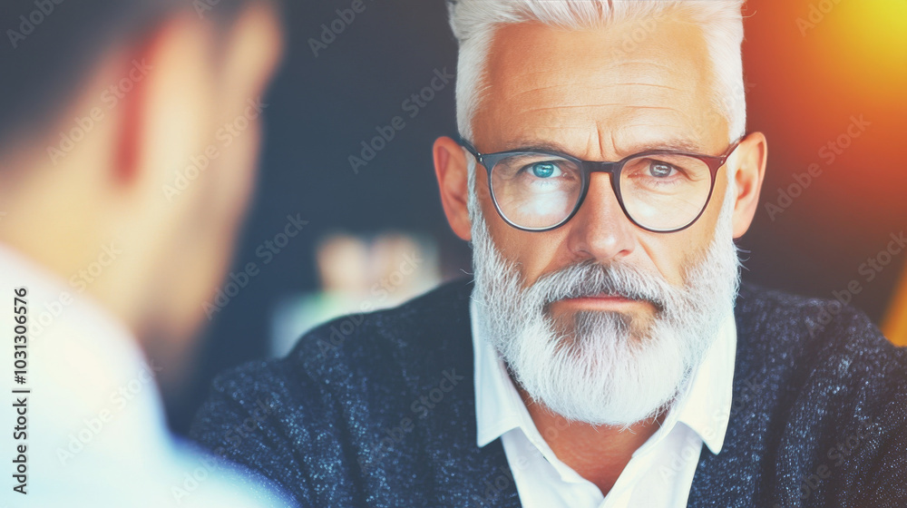 A mature man with a white beard looks directly at the camera while sitting in a meeting. A mature man with a white beard looks directly at the camera while sitting in a meeting.