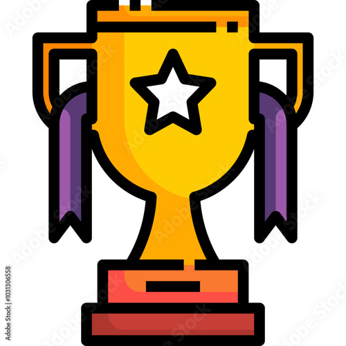 Gold trophy with a star on it and two purple ribbons on the sides.