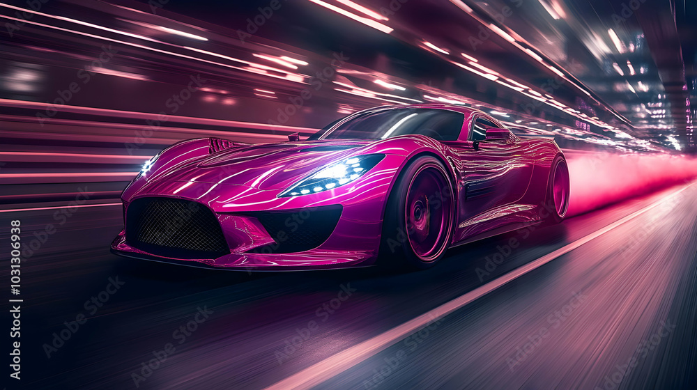 Naklejka premium Futuristic sports car speeding through a vibrant tunnel.