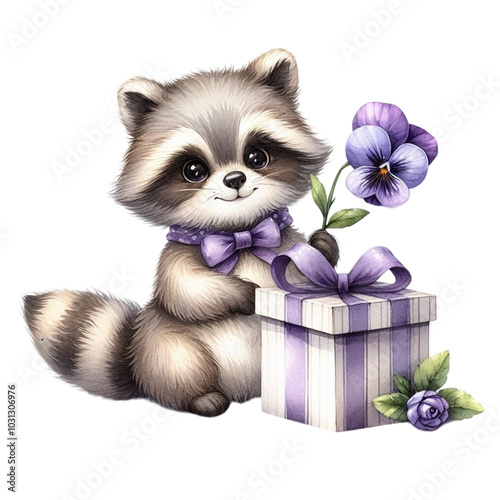Cute raccoon with national flower clipart watercolor 