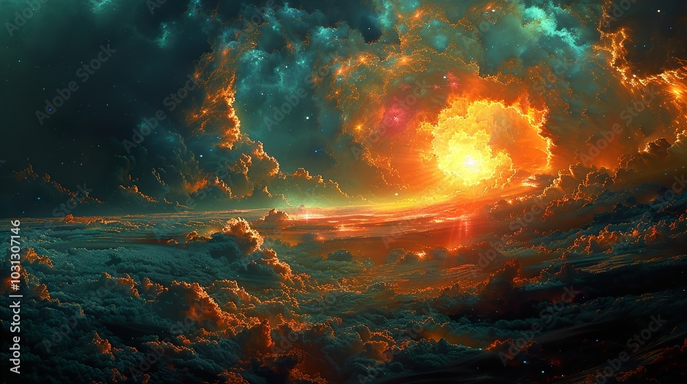 Cosmic Sunset: A Dreamy Landscape of Clouds and Stars Cosmic Sunset: A Dreamy Landscape of Clouds and Stars