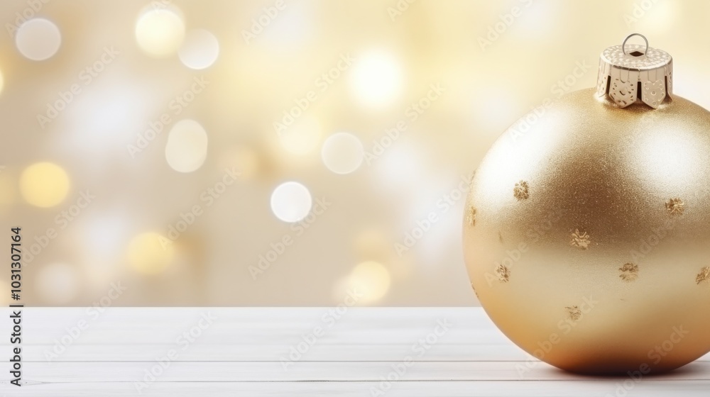 A shimmering golden Christmas bauble rests on a white wooden surface, set against a dreamy backdrop of soft, glowing bokeh, embodying festive elegance. A shimmering golden Christmas bauble rests on a white wooden surface, set against a dreamy backdrop of soft, glowing bokeh, embodying festive elegance.