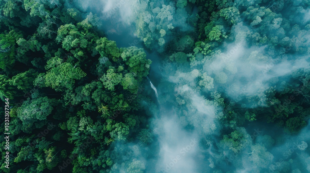 Fototapeta premium Lush Green Forest with Waterfall and Mist Above
