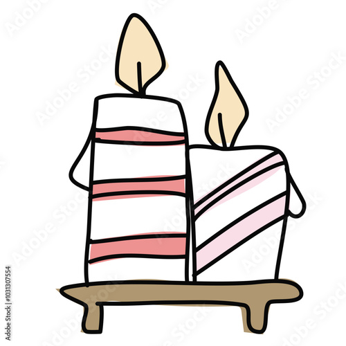 Two hand-drawn candles with pink and white stripes and yellow flames.